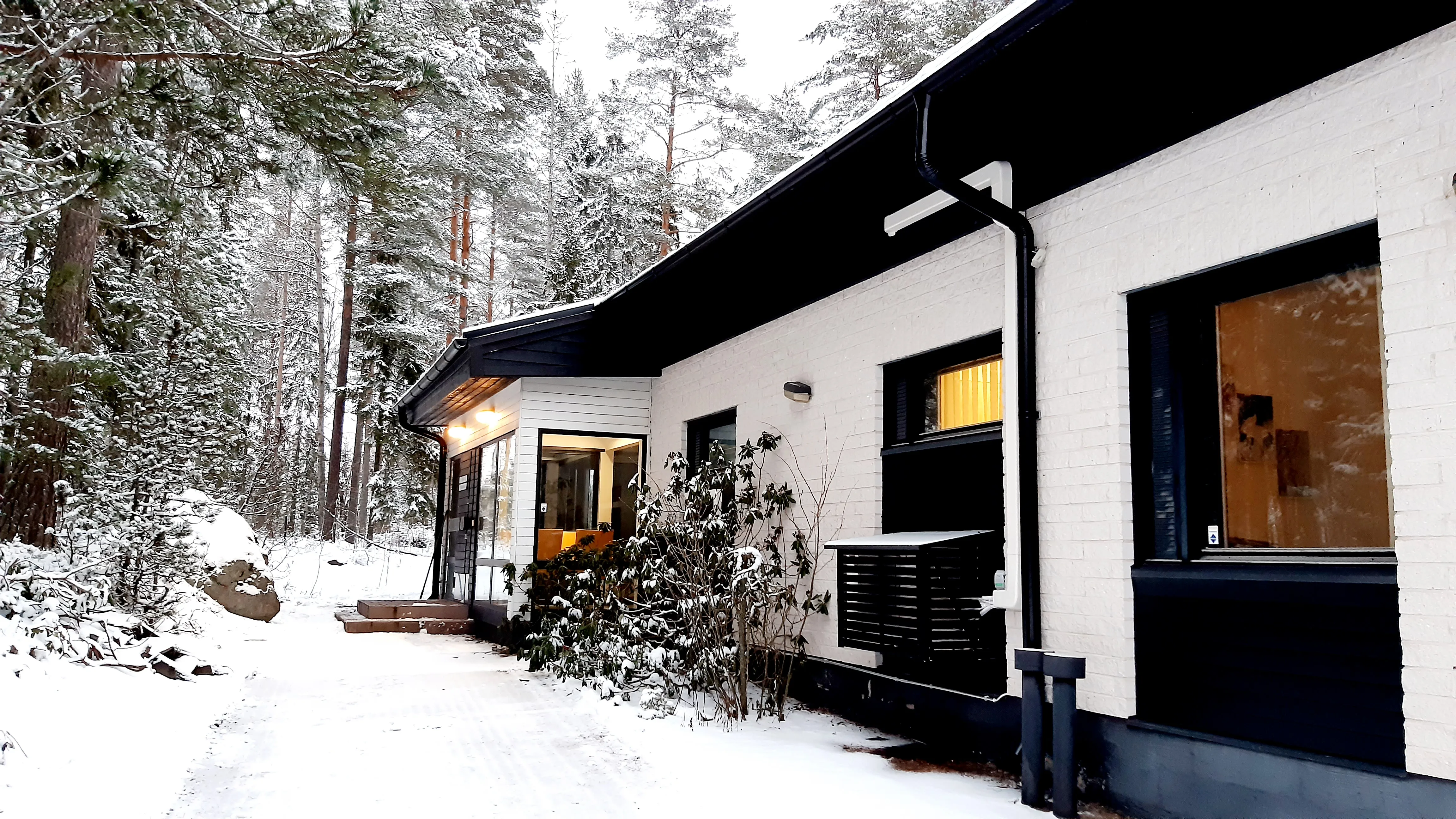 Valkoisen toimistorakennuksen sisäänkäynti ja valaistu ikkuna lumisessa metsässä