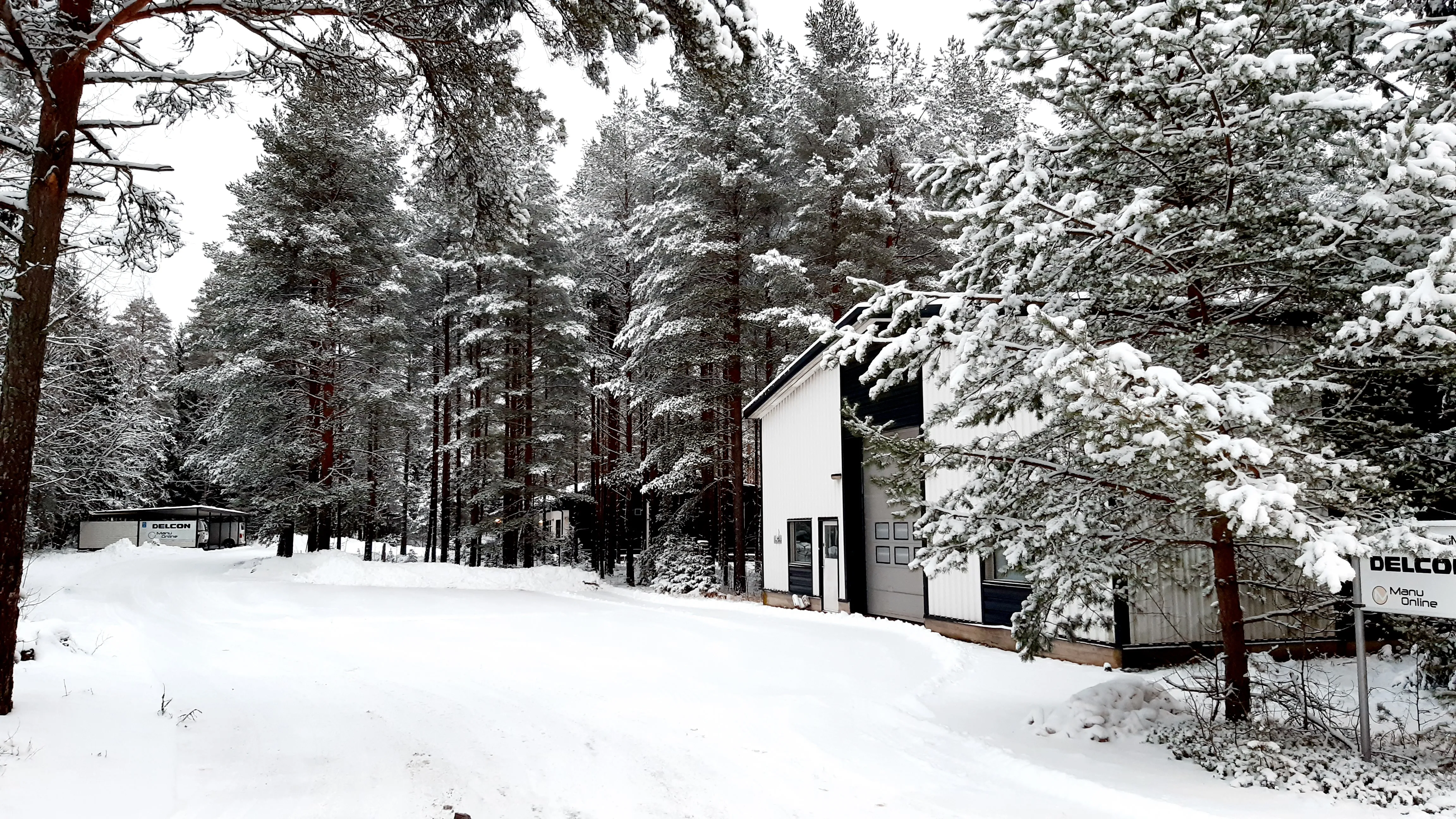Halli lumisen metsän keskellä, etualalla lumitie